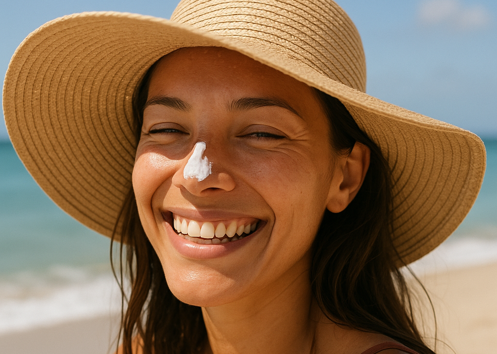 Woman at the beach wearing a wide-brim straw hat and mineral sunscreen on her nose